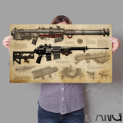 Gun newspaper kraft paper pistol rifle sniper rifle still life sketch grey poster Living room study bar wall decoration painting