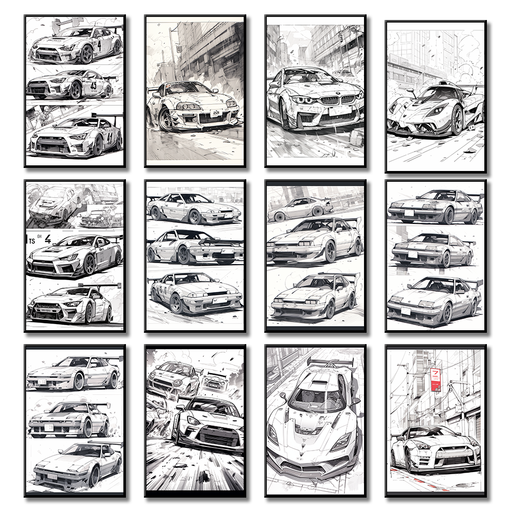 Car sketch style black and white poster canvas painter wall living room study bedroom decoration painting can be customized size