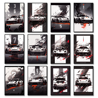 Racing Sports car Art Illustration style poster Black red White Living room Study Bar wall decoration painting can be customized