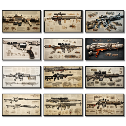 Gun newspaper kraft paper pistol rifle sniper rifle still life sketch grey poster Living room study bar wall decoration painting