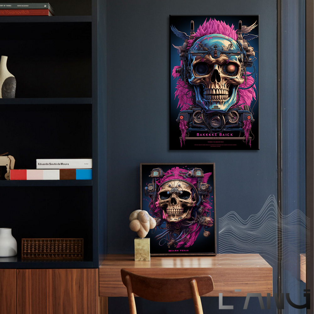 Steampunk Color Mechanical Pink Skeleton Head Abstract Retro Poster Flower and Bird Decoration Wall Art Skeleton Painting