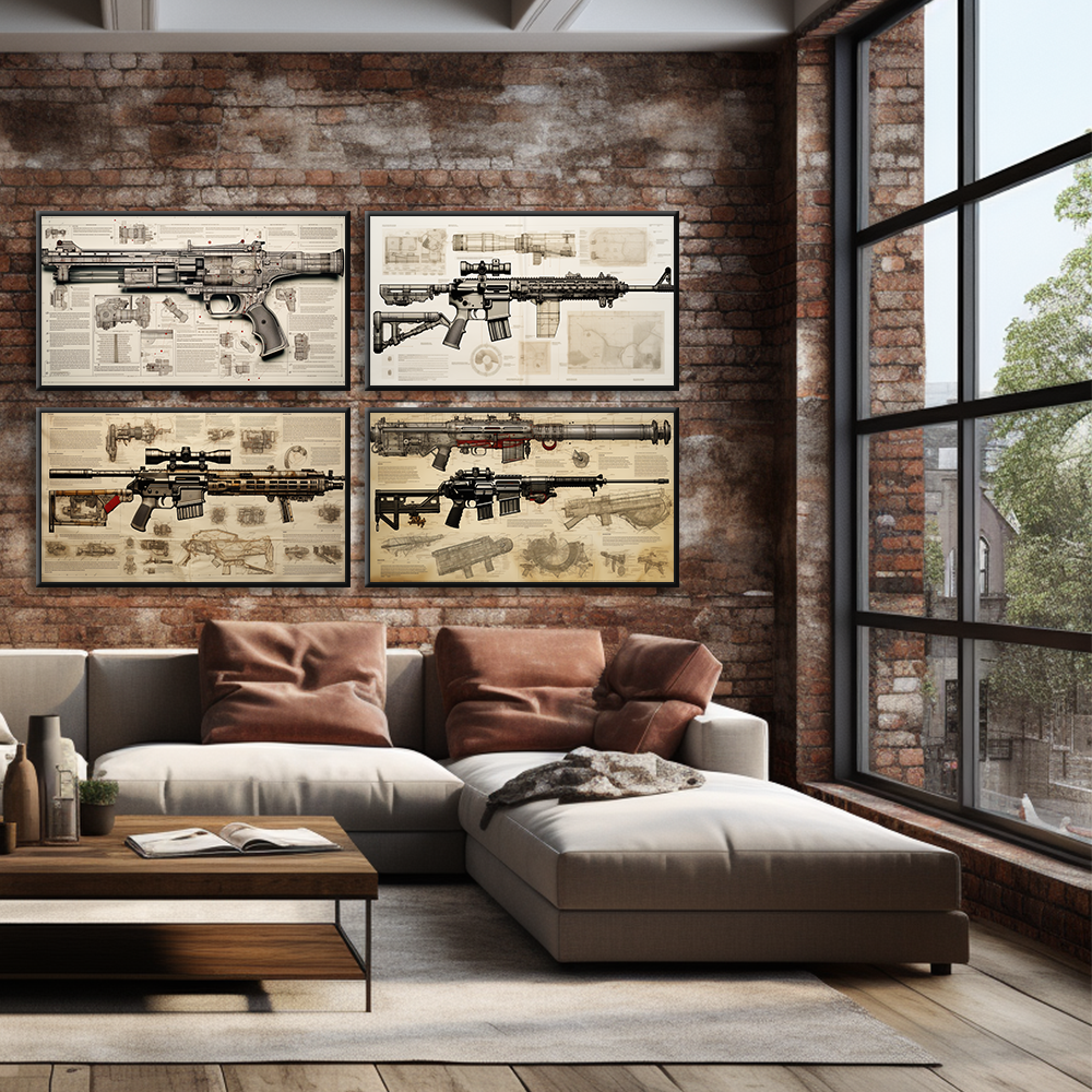 Gun newspaper kraft paper pistol rifle sniper rifle still life sketch grey poster Living room study bar wall decoration painting