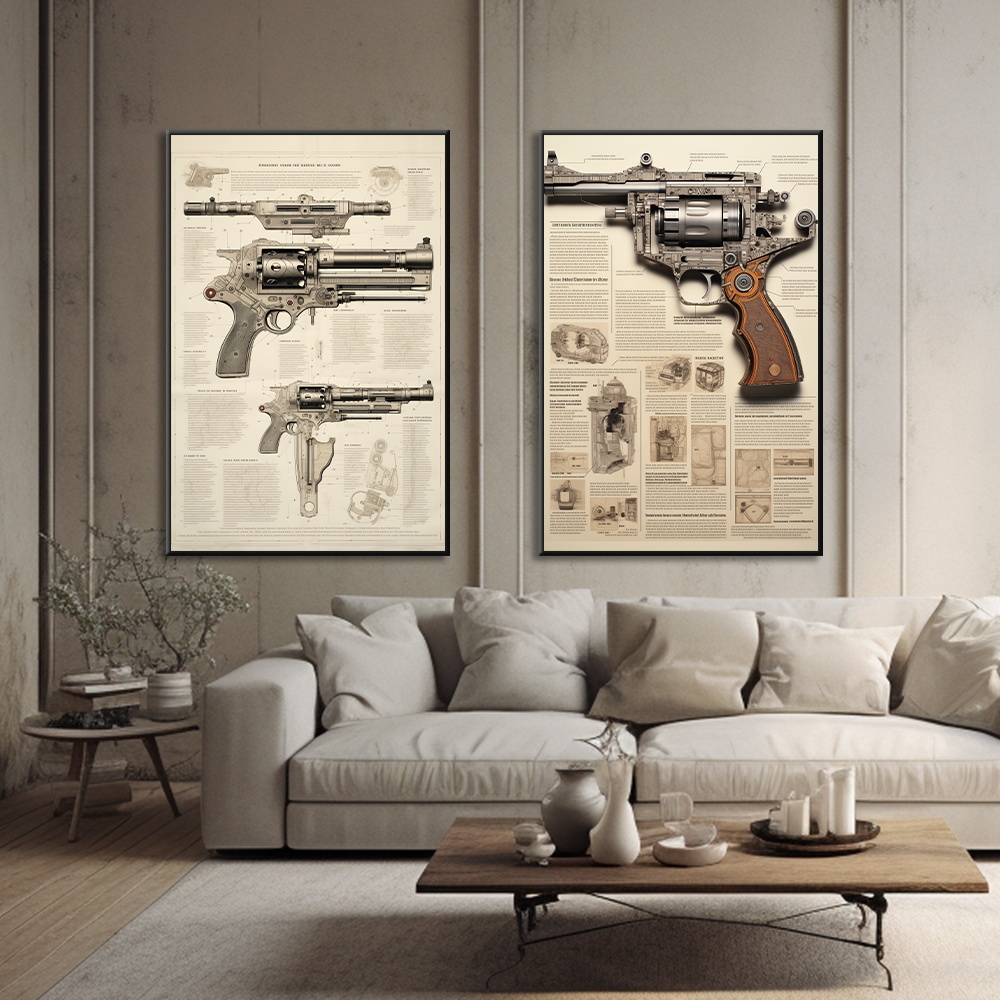 Gun newspaper kraft paper pistol rifle sniper rifle still life sketch grey poster Living room study bar wall decoration painting