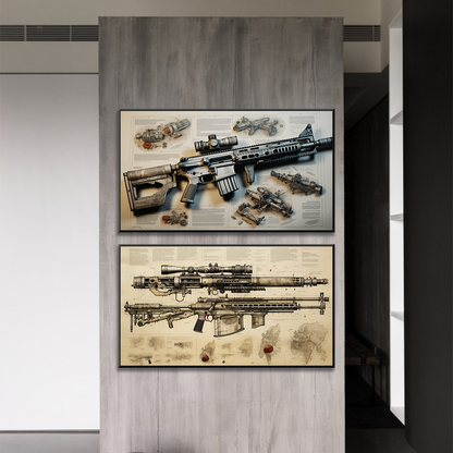 Gun newspaper kraft paper pistol rifle sniper rifle still life sketch grey poster Living room study bar wall decoration painting