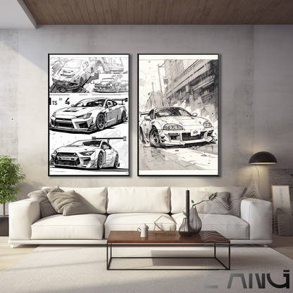 Car sketch style black and white poster canvas painter wall living room study bedroom decoration painting can be customized size