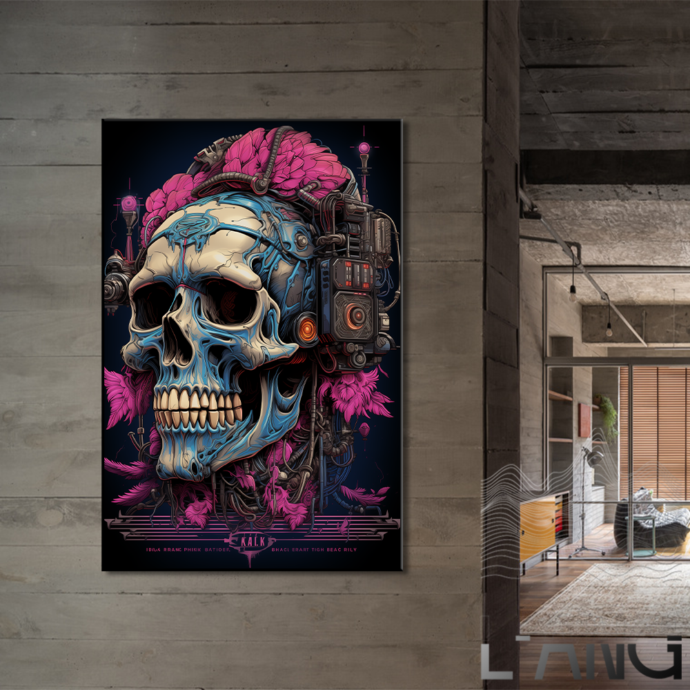 Steampunk Color Mechanical Pink Skeleton Head Abstract Retro Poster Flower and Bird Decoration Wall Art Skeleton Painting